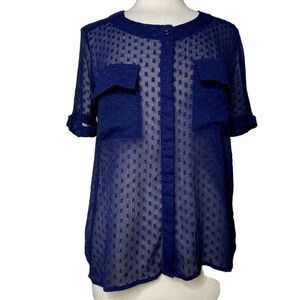 W118 by Walter Baker Navy Semi Sheer Dotted Swiss BlouseHigh-Lo  M